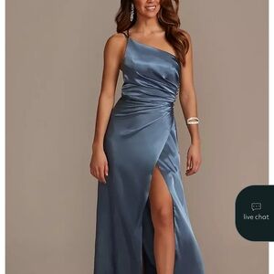 Galinda Signature One-Shoulder Satin Dress in Steel Blue
